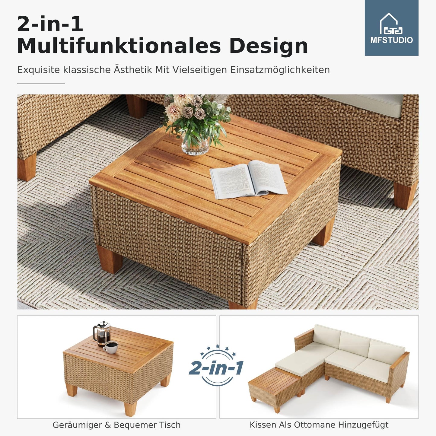 Balkonmöbel Set 3-teilig, L-Sofa mit Tisch und Kissen Beige