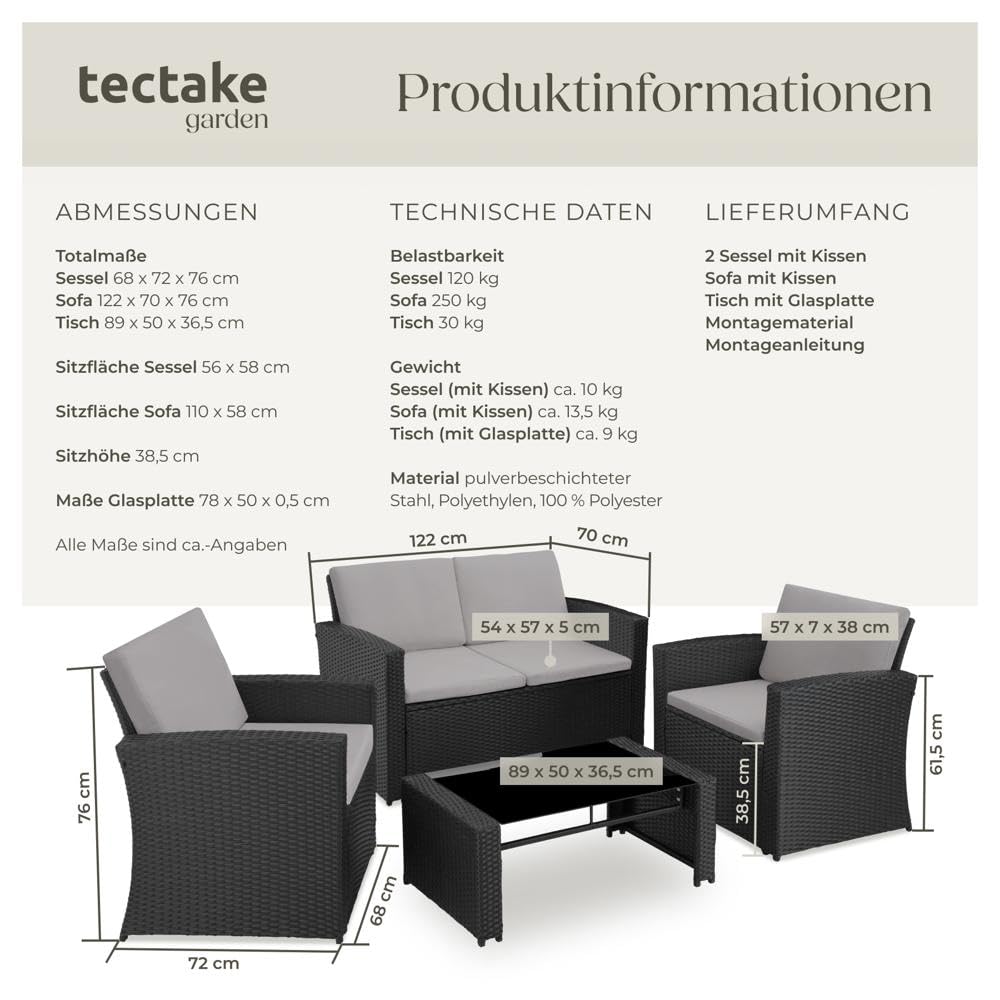 tectake Balkonmöbel Set 12-teilig, Outdoor Essgruppe für 4 Personen