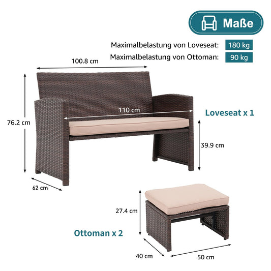Gartenmöbel Set, Rattan Bank mit 2 Hockern Beige