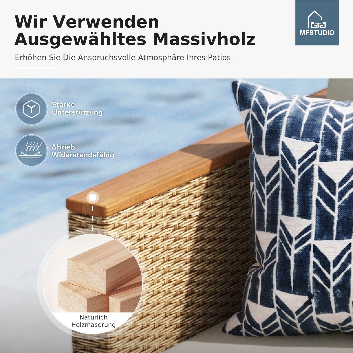 Balkonmöbel Set 3-teilig, L-Sofa mit Tisch und Kissen Beige