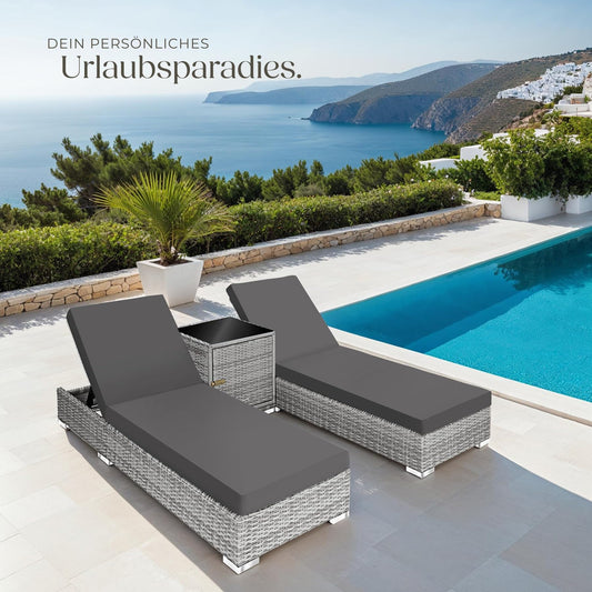 Outdoor Gartenmöbel Set, 2 Relaxliegen mit Tisch Hellgrau