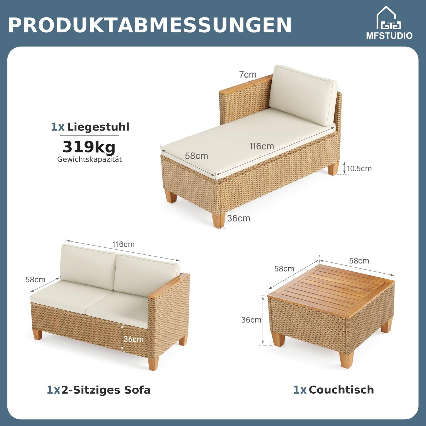Balkonmöbel Set 3-teilig, L-Sofa mit Tisch und Kissen Beige