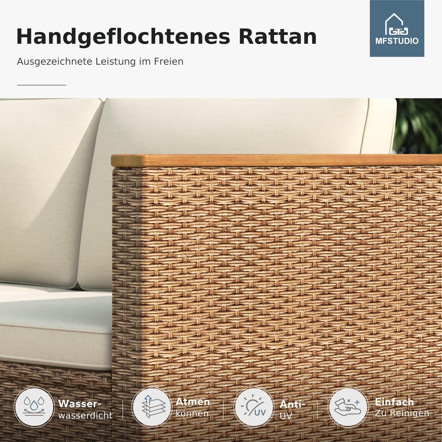 Balkonmöbel Set 3-teilig, L-Sofa mit Tisch und Kissen Beige